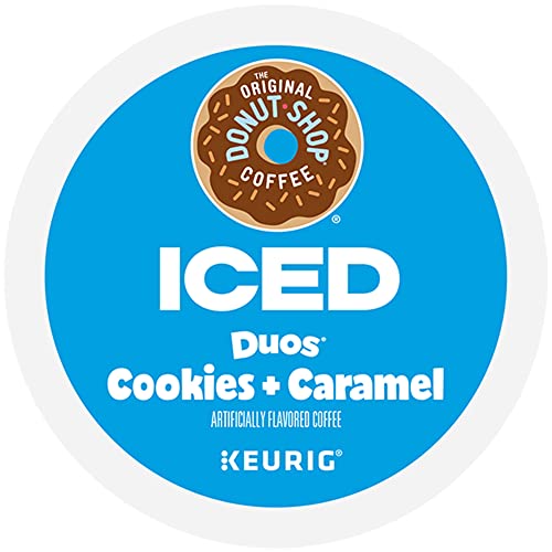 KupofK Coffee The Original Donut Shop ICED Duos Cookie and Caramel flavored coffee in a clear glass cup.