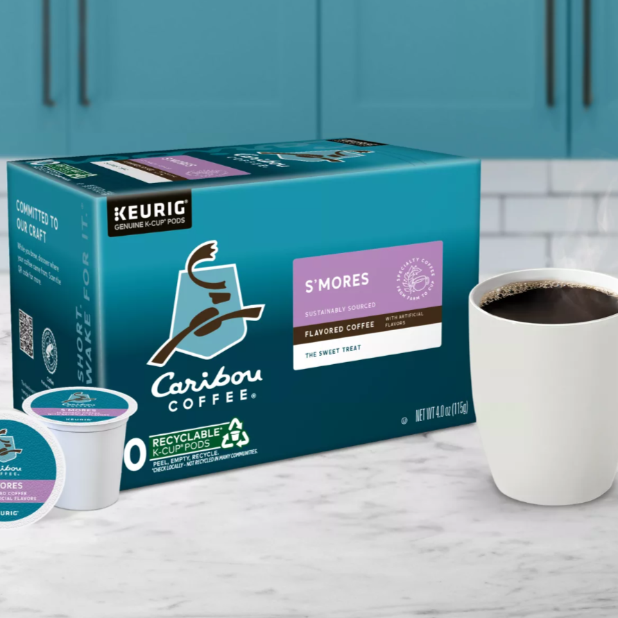KupofK Coffee Caribou S'mores Cabin Coffee K-cups for Keurig brewers, featuring a rich, marshmallow and chocolate flavor profile.