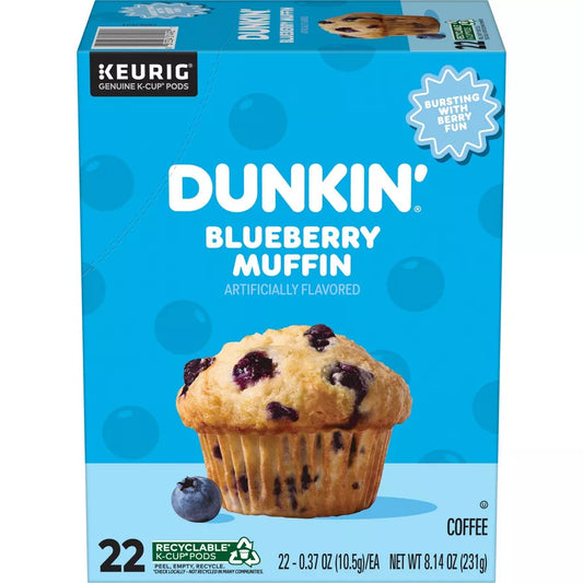 KupofK Coffee Dunkin' Blueberry Muffin Keurig K-cups for coffee brewing, featuring blueberry muffin flavor and compatible with Keurig machines.