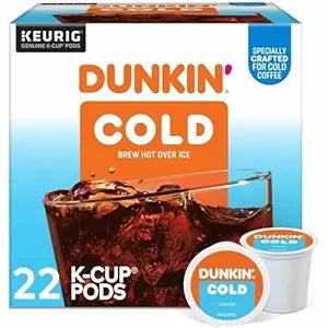KupofK Coffee Dunkin Brew Cold Keurig K-Cup pod over ice, ready to brew a refreshing iced coffee in a Keurig machine.