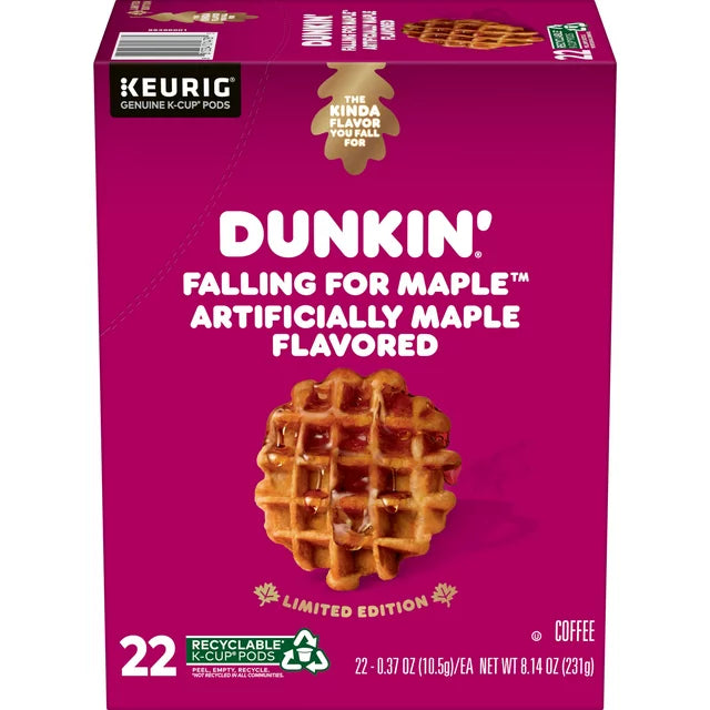 KupofK Coffee Dunkin Donuts Falling for Maple 22 K-Cup Pods, premium coffee pods with maple flavor and rich aroma.