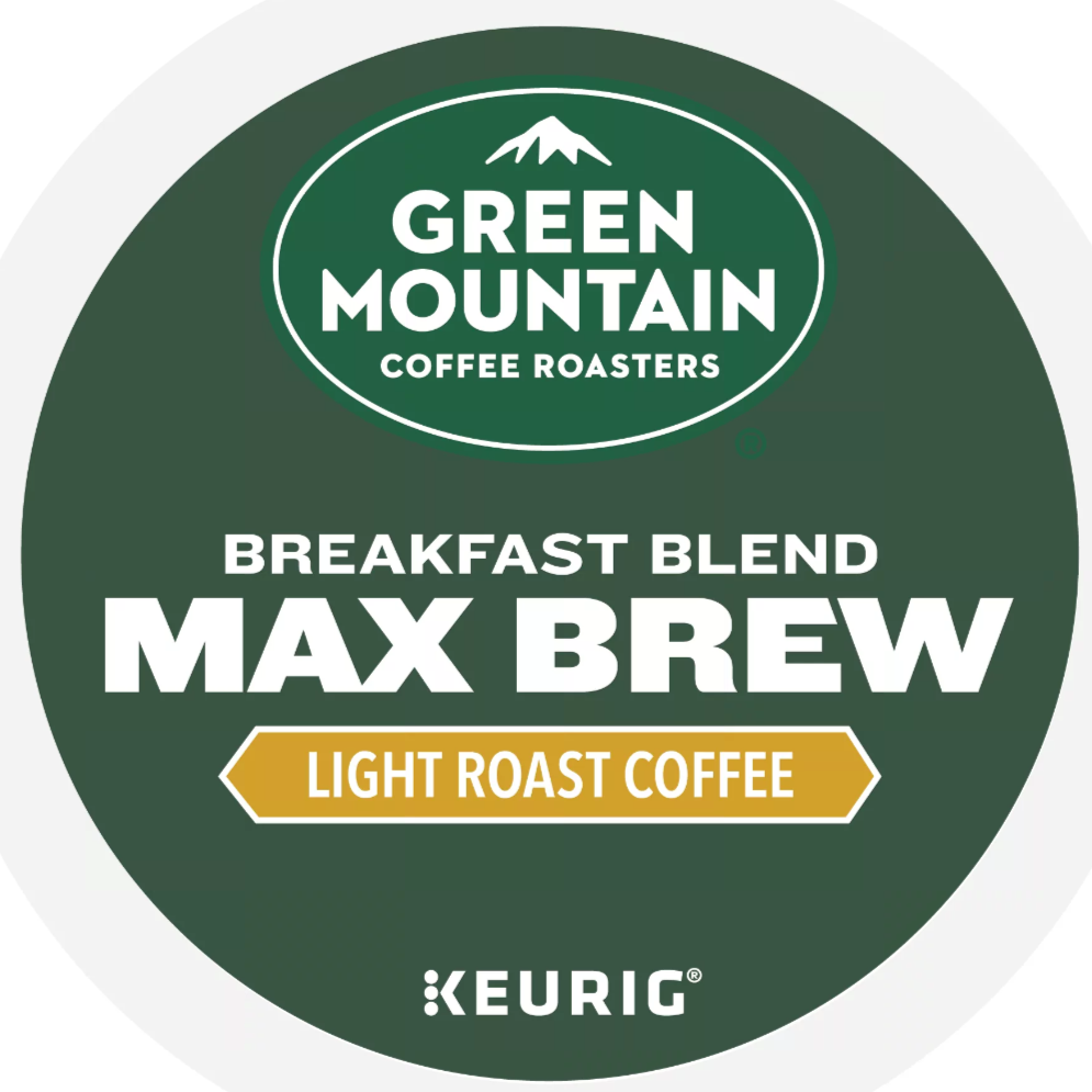 Green Mountain Breakfast Blend Max Brew coffee K-cups by KupofK Coffee, showcasing the packaged coffee pods for Keurig machines.