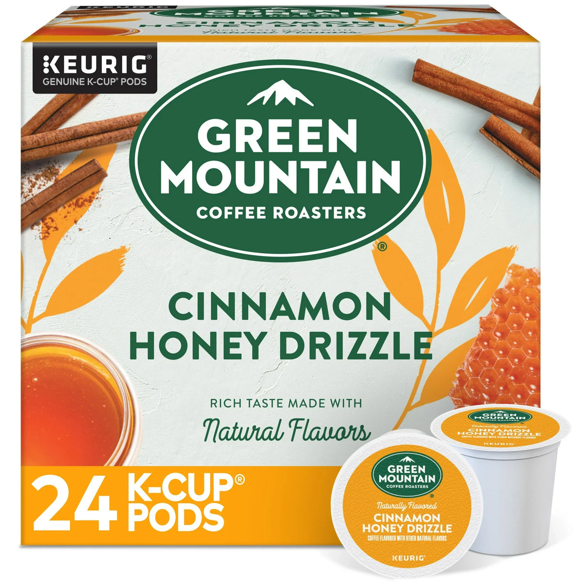 KupofK Coffee Green Mountain Cinnamon Honey Drizzle K-cups for coffee brewing, featuring cinnamon and honey flavor in individual pods.