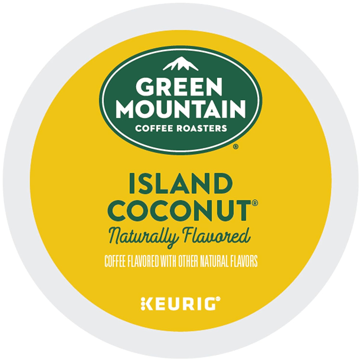 KupofK Coffee Green Mountain Coffee Island Coconut flavor in a bag, showcasing fresh coffee beans with coconut aroma
