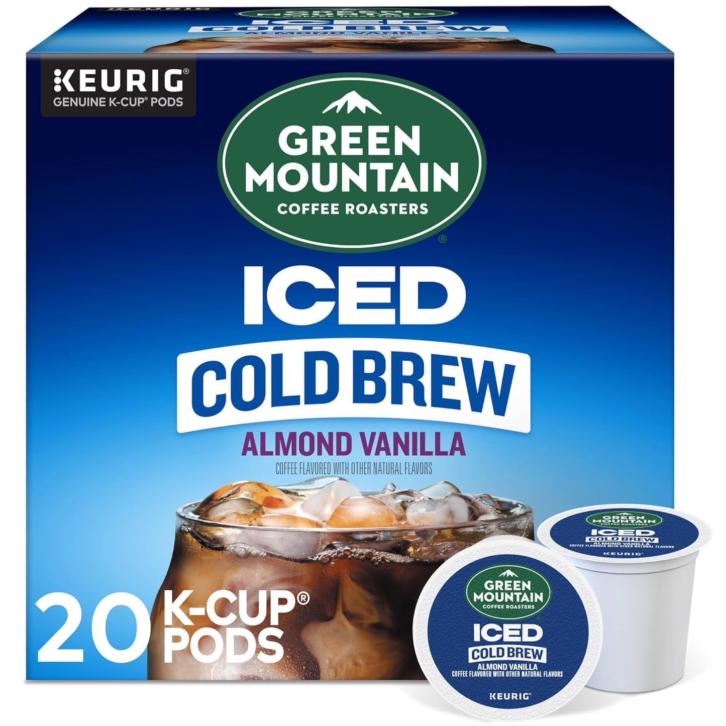 Green Mountain Iced Cold Brew Almond Vanilla K-cups for coffee, featuring a box of KupofK Coffee single-serve pods.