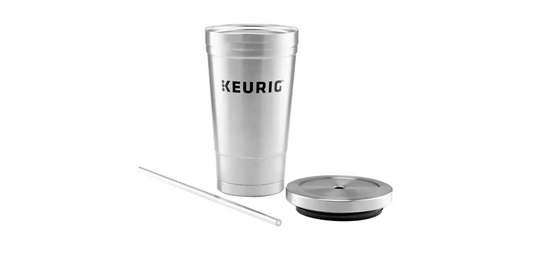 KupofK Coffee Brew Over Ice Tumbler for Keurig coffee, stainless steel design with a clear lid and insulated body for cold beverages.