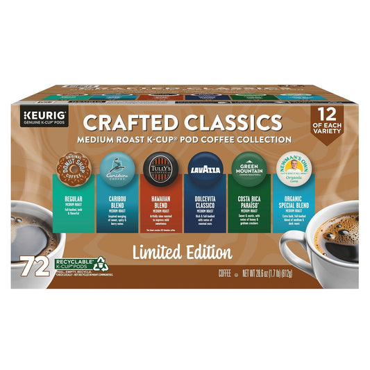 KupofK Coffee Keurig Crafted Classics variety pack of 72 K-Cup coffee pods, showcasing different coffee flavors in colorful packaging.