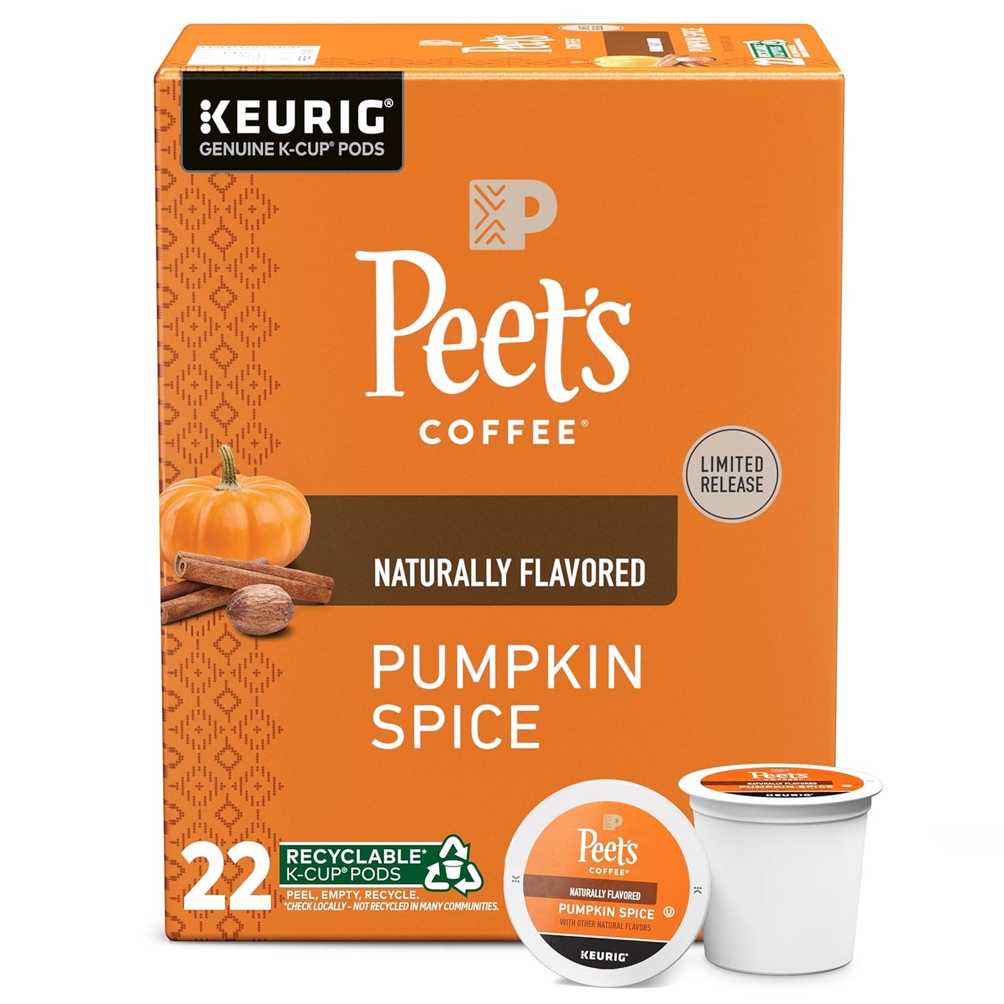 KupofK Coffee Peet's Coffee Pumpkin Spice K-cups, 22 count, showing the packaging with pumpkin spice flavor branding.