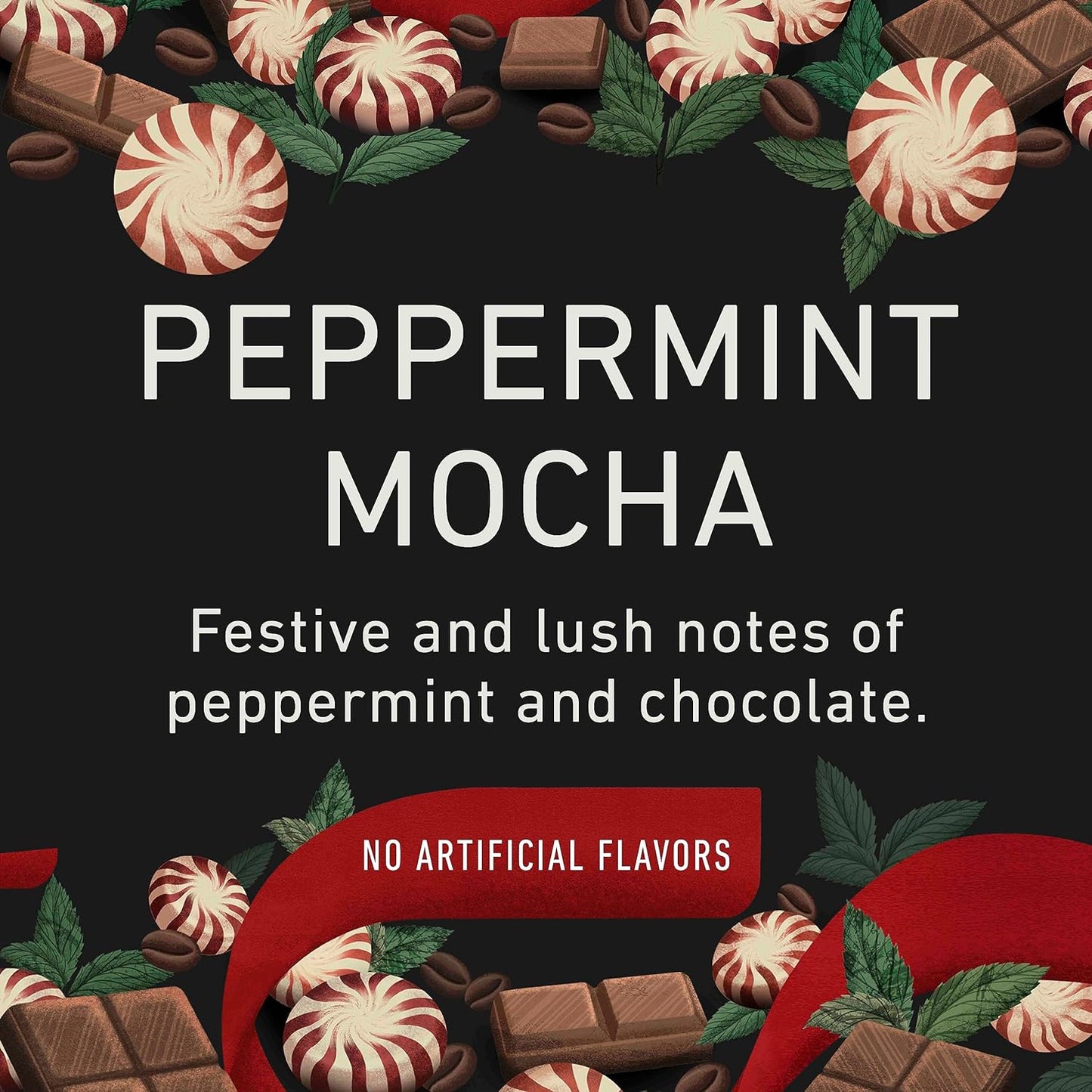 KupofK Coffee Peppermint Mocha Coffee K-cups, featuring a box of coffee pods with peppermint and mocha flavor accents.