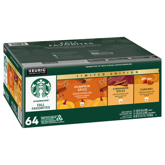 KupofK Coffee Starbucks Fall Favorites variety pack of Keurig K-cups with seasonal coffee flavors in colorful packaging.
