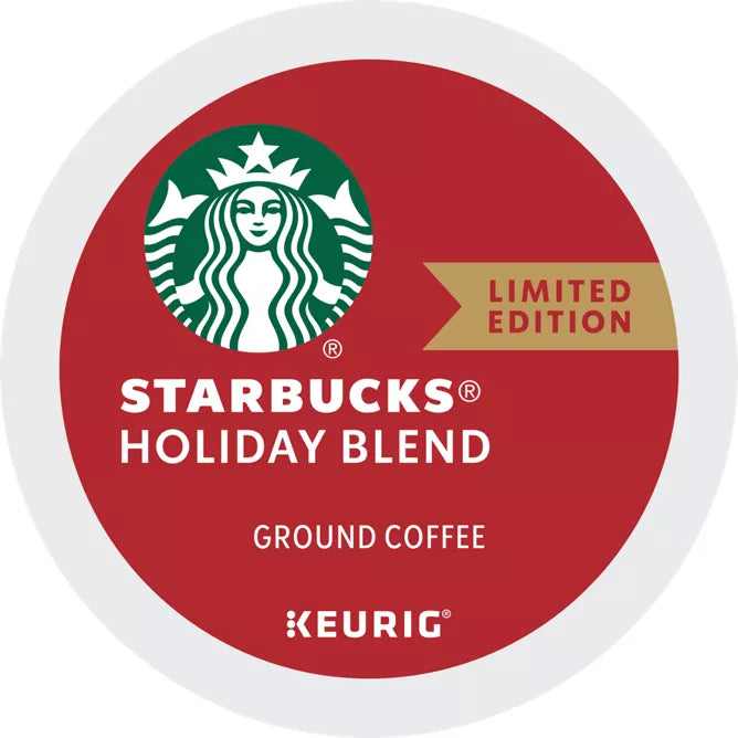 KupofK Coffee Starbucks Holiday Blend coffee pods gift box with 22 pods, showcasing festive packaging and coffee capsules.
