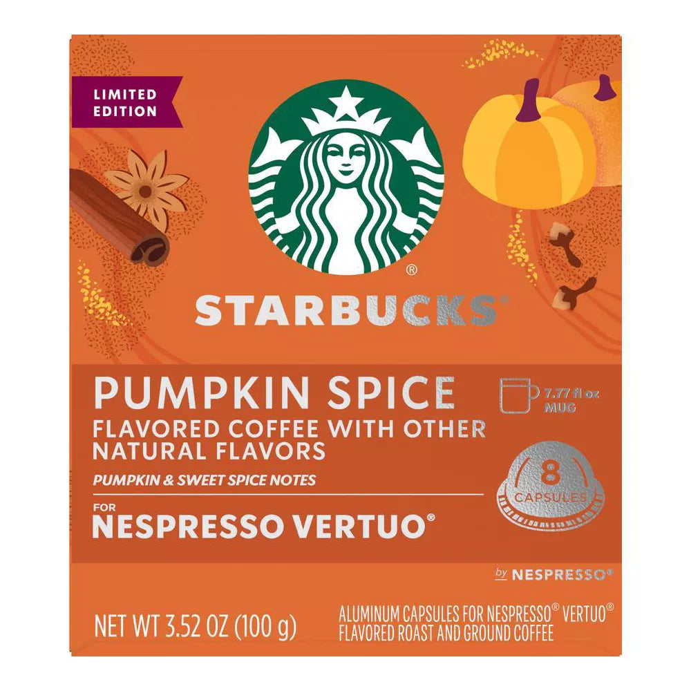 Starbucks Pumpkin Spice Nespresso Vertuo coffee pods from KupofK Coffee, featuring autumn-inspired pumpkin spice flavor.