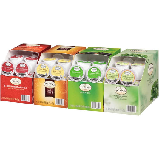 KupofK Coffee Twinings Tea K-Cup variety assortment, colorful assortment of single-serve coffee capsules for brewing tea.