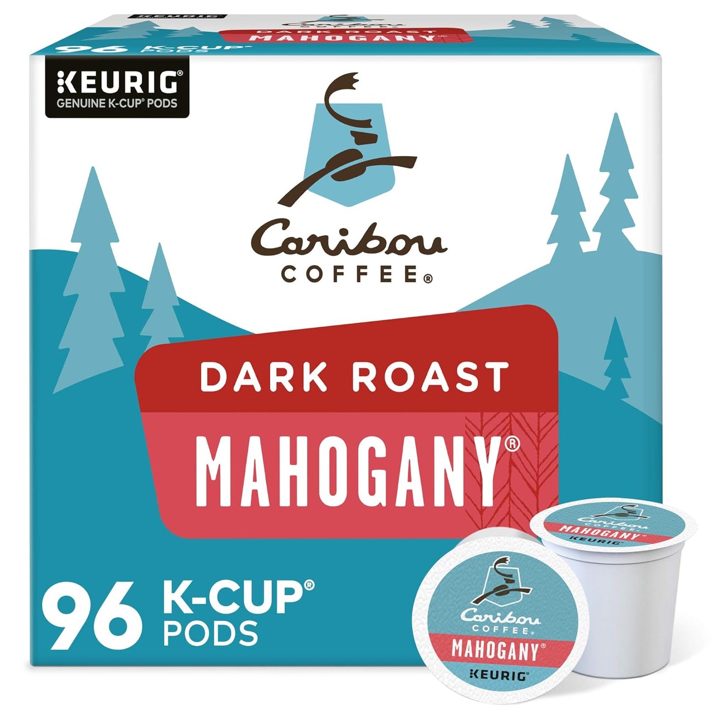 KupofK Coffee Caribou Mahogany Dark Roast K-cups, 96-count, single-serve coffee pods in a black and gold package.
