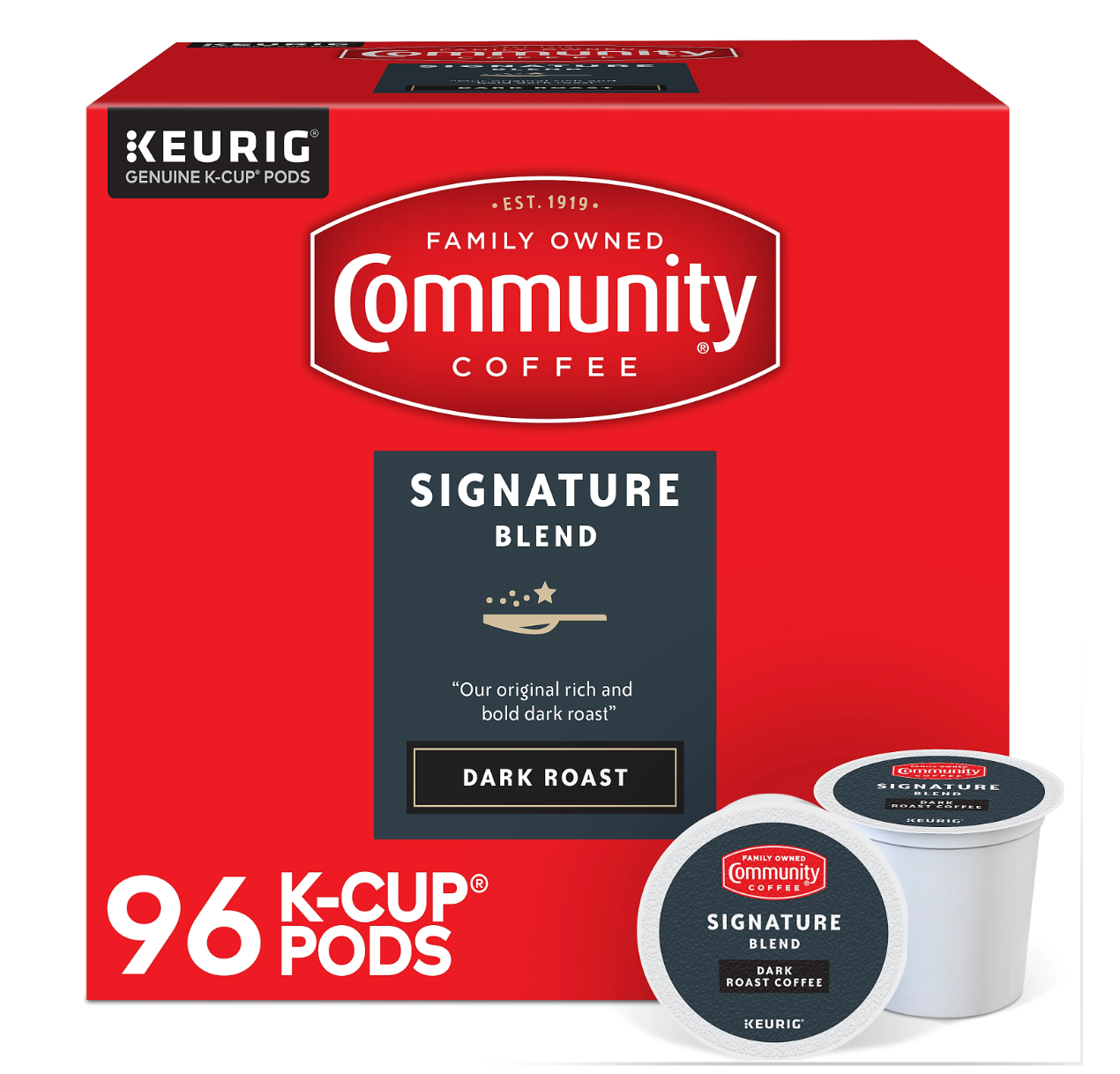 Community Dark Roast Signature Blend K-cups by KupofK Coffee, showcasing rich, dark roasted coffee pods in a clear view.