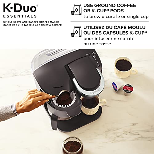 KupofK Coffee Keurig K-Duo Essentials coffee maker with single-serve and carafe brewing options, black appliance.