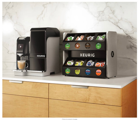 Keurig premium K-Cup pod storage rack by KupofK Coffee holding black K-Cup pods for organized coffee brewing.