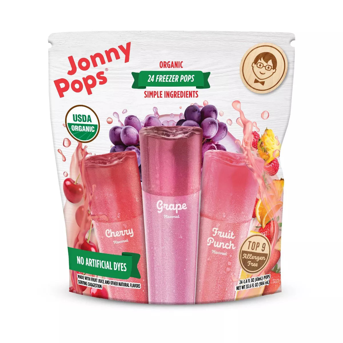 Jonny Pops Organic Freezer Pops 24-pack from KupofK Coffee, colorful frozen fruit and cream pops in a clear tray