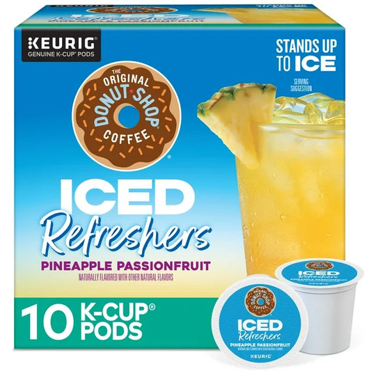 KupofK Coffee The Original Donut Shop Iced Refreshers Pineapple Passionfruit tea K-cups in a box.