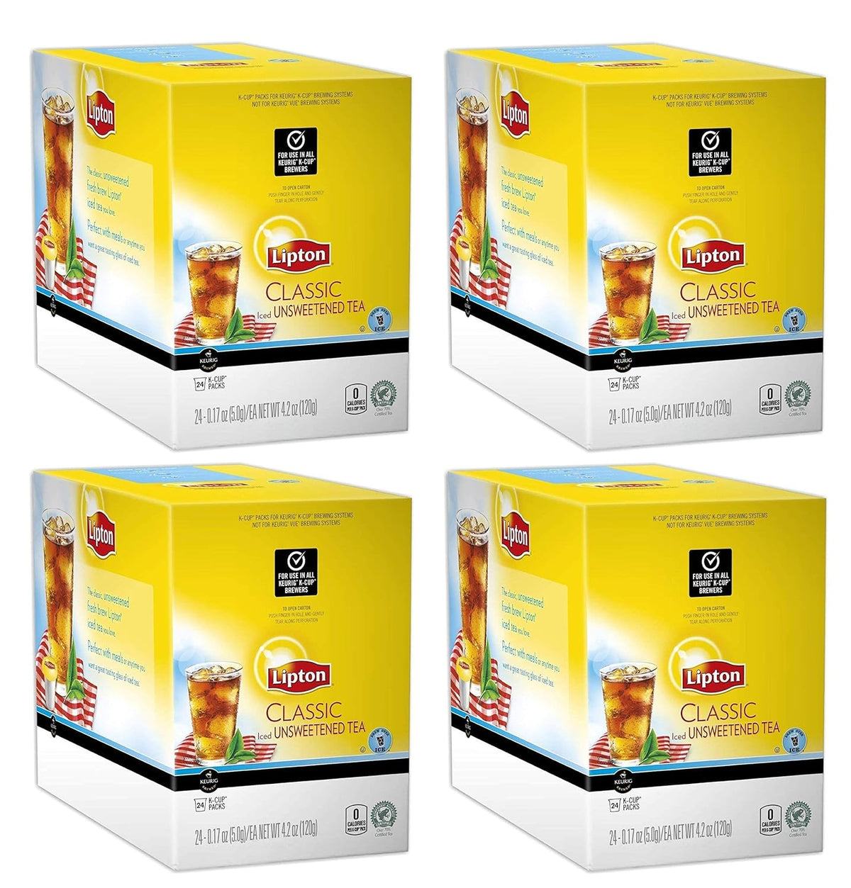KupofK Coffee Lipton Classic Unsweetened Iced Tea K-Cups, 24-count for Keurig brewers, with packaging and K-Cup pods visible.