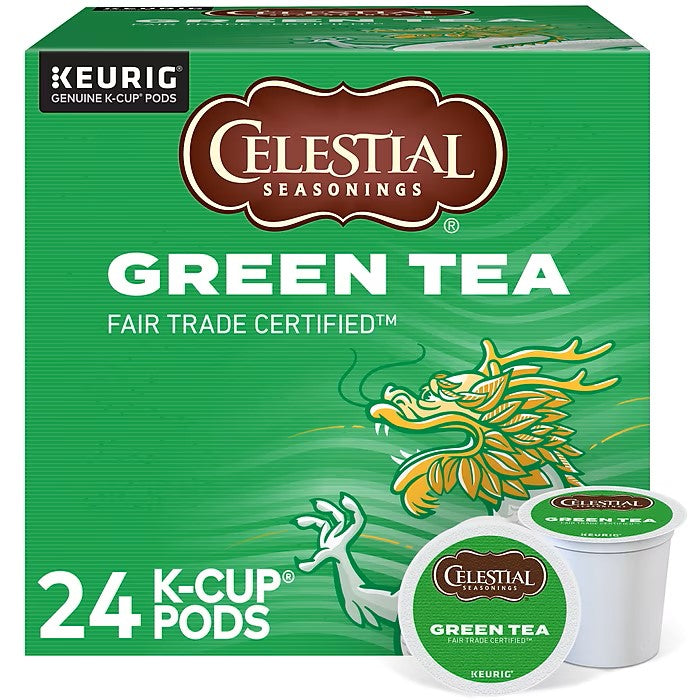 KupofK Coffee Celestial Seasonings Green Tea K-cups in packaging, ready for brewing with vibrant branding and tea product design.