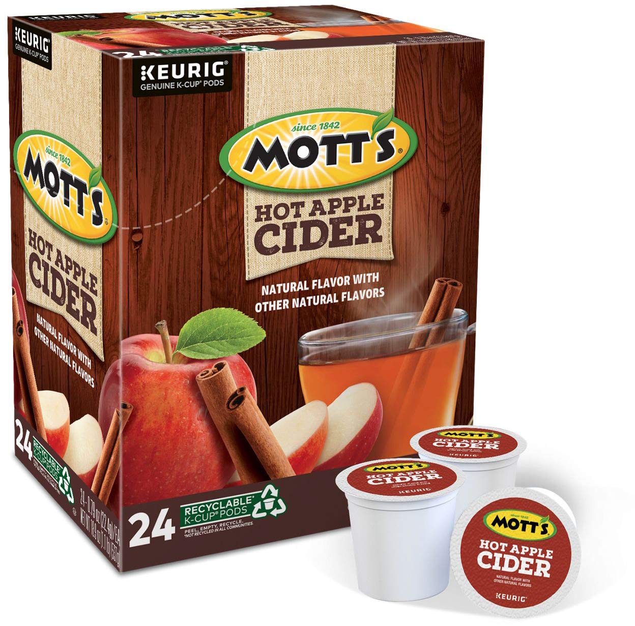 KupofK Coffee Mott's Hot Apple Cider Tea K-cups in a box, ready for brewing, with colorful packaging featuring apple and cinnamon images.