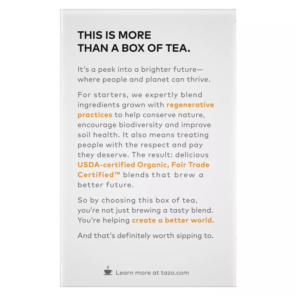 KupofK Coffee TAZO Organic Chai Black Tea Bags, 16-count, showing the tea box with black and orange packaging.