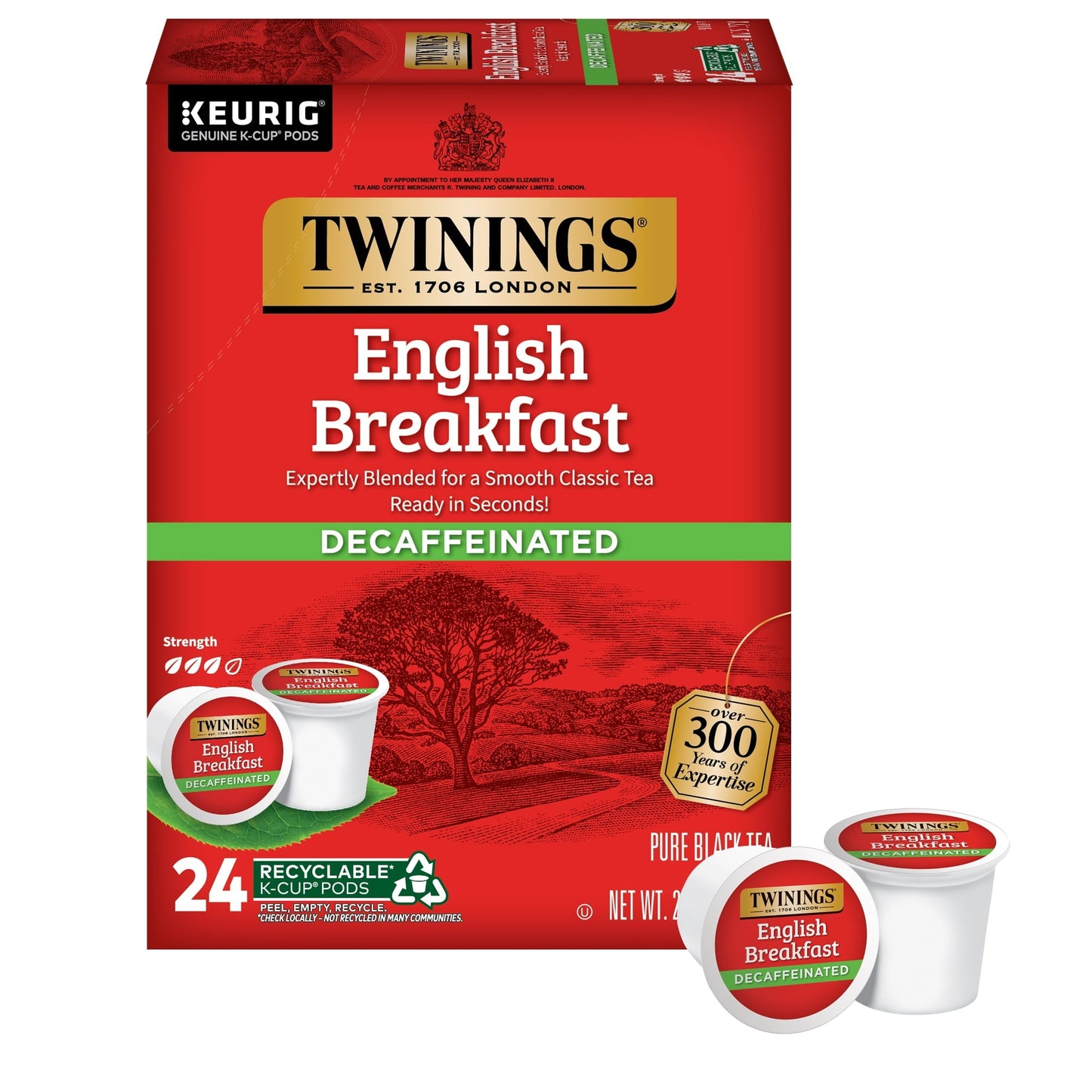 KupofK Coffee Twinings English Breakfast Decaf black tea K-cups for Keurig, featuring dark tea leaves and packaging.