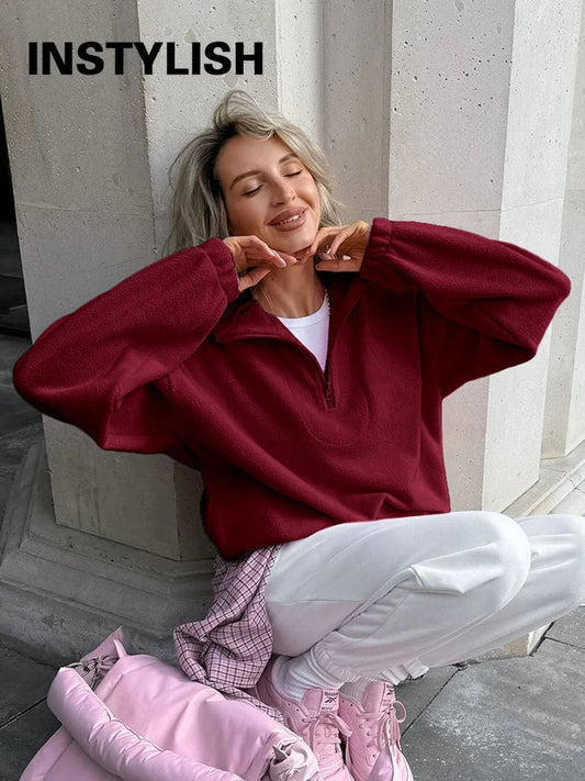 Women’s gray fleece hoodie by LadyShow.Store with stand collar, zipper, loose fit, solid design, perfect for autumn winter streetwear.