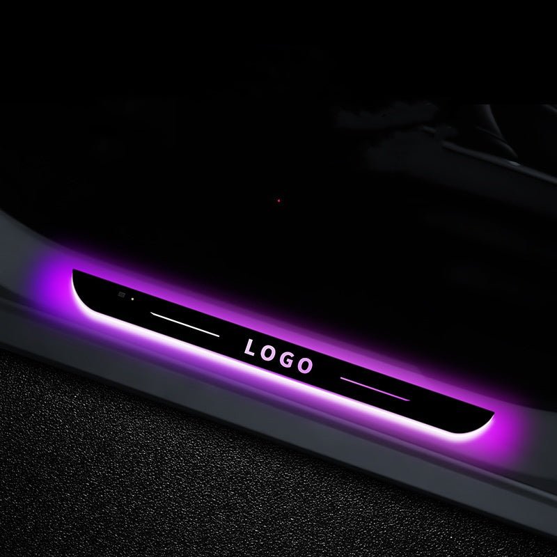 LED illuminated door sill protector for Tesla Cybertruck by Tesery, featuring sleek design and bright lighting for enhanced door protection.