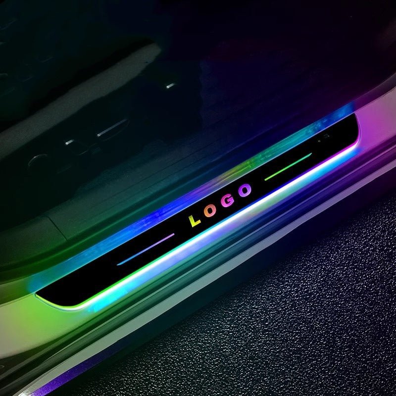 LED illuminated door sill protector for Tesla Cybertruck, featuring sleek design and bright lighting from Tesery Official Store.