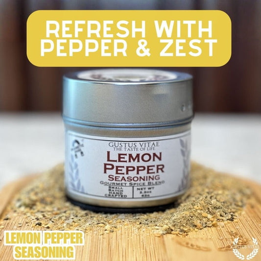 Gustus Vitae lemon pepper gourmet seasoning in a jar, with fresh lemon and black peppercorns visible, for flavorful cooking.