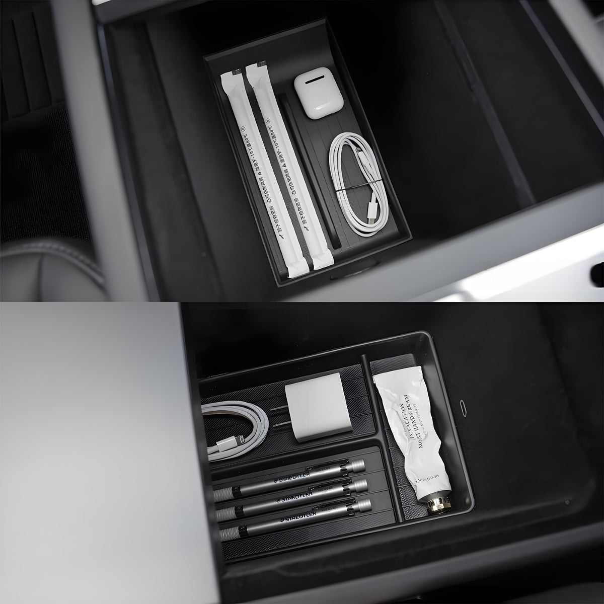 Tesla Model Y lower center console storage organizer in Juniper finish, designed for Model Y 2026+ for organized interior storage.