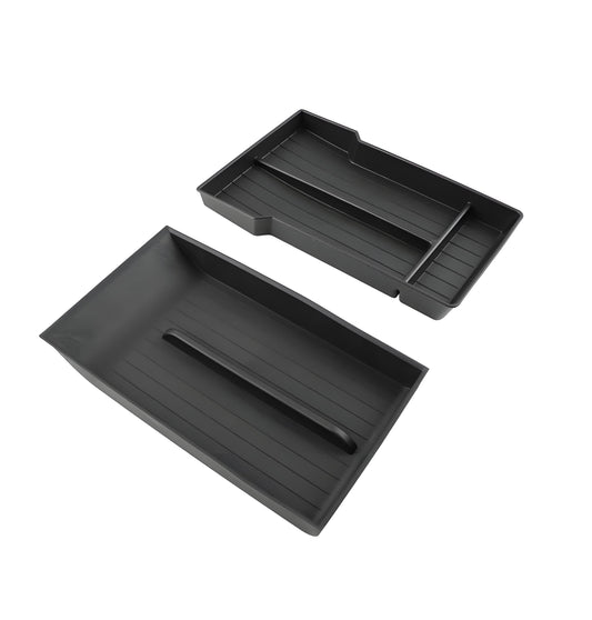 Tesla Model Y lower center console storage organizer by Tesery, designed for Juniper and 2026+ models, keeps essentials neat.