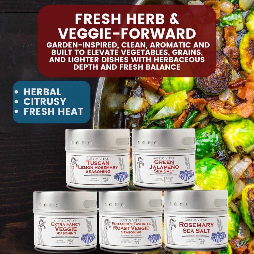 Set of 20 Gustus Vitae luxury pantry refresh tins featuring house favorites, seasonings, and sea salts in decorative containers.