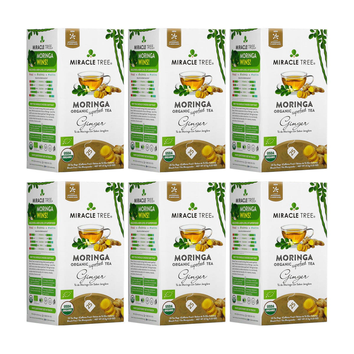 Organic Moringa Tea with ginger from Miracle Tree, caffeine-free herbal tea in a clear glass cup with fresh ginger slices.