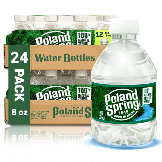Poland Spring 8 oz bottled water in small mini bottles, 24-pack, by Macouba, featuring clear plastic bottles with Poland Spring branding.