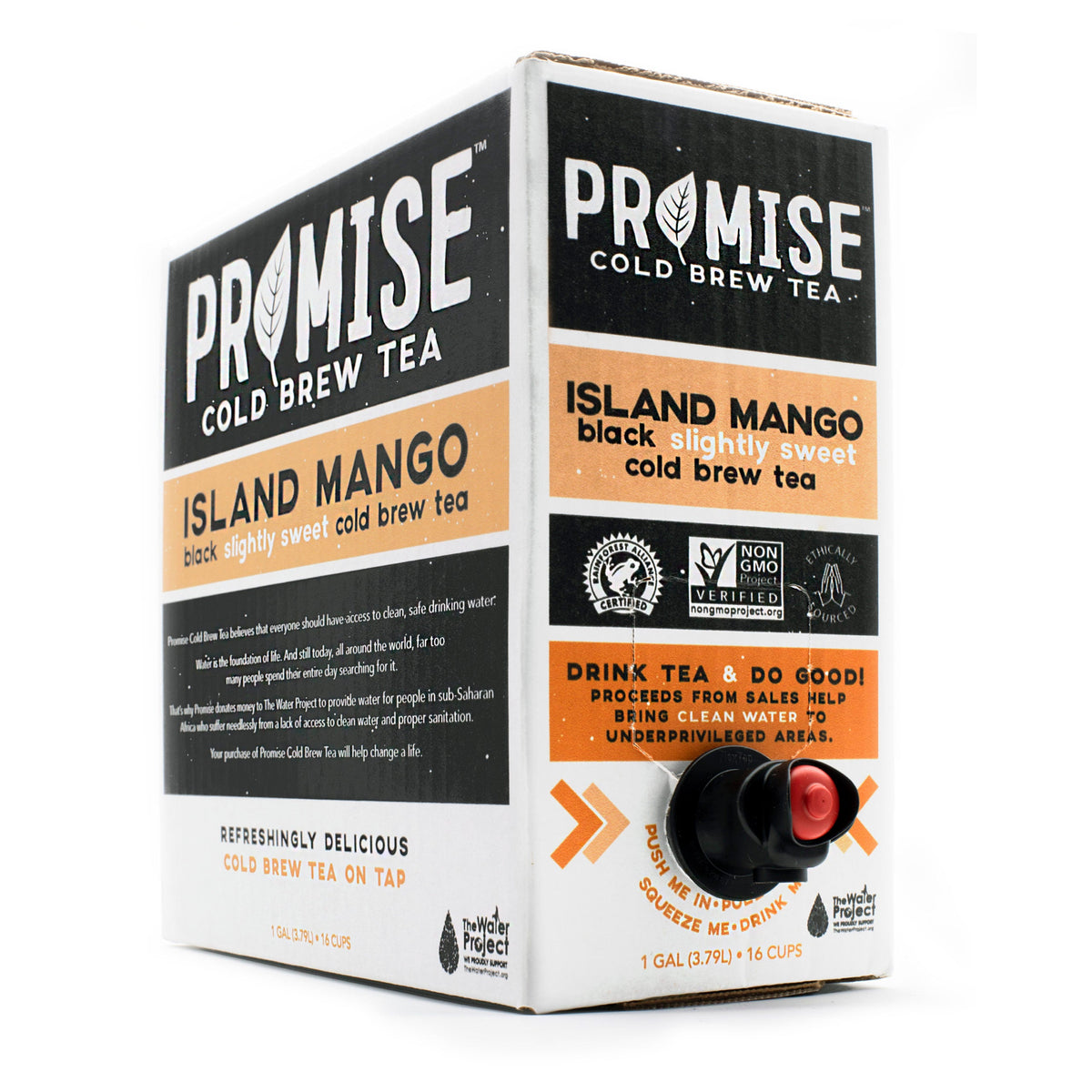 Java House Promise Tea Island Mango Cold Brew Tea in a gallon jug, showcasing fresh mango flavor and cold brewing process.
