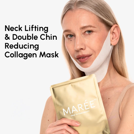 Maree 24K Gold Chin and Jawline Lifting Mask applied on chin and jawline for firming and contouring.
