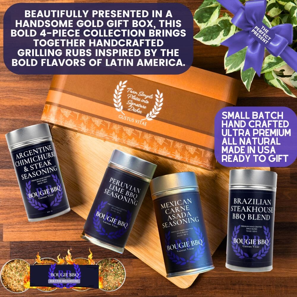 Gustus Vitae Master Asador Latin BBQ Rubs and Steak Seasonings gift set with four flavorful spice blends in colorful containers.