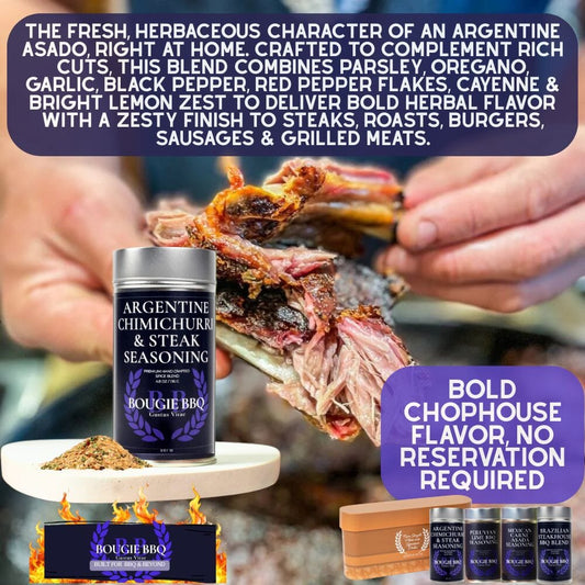 Gustus Vitae Master Asador Latin BBQ rubs and steak seasonings gift set with four collection jars, ideal for grilling and flavoring meats.