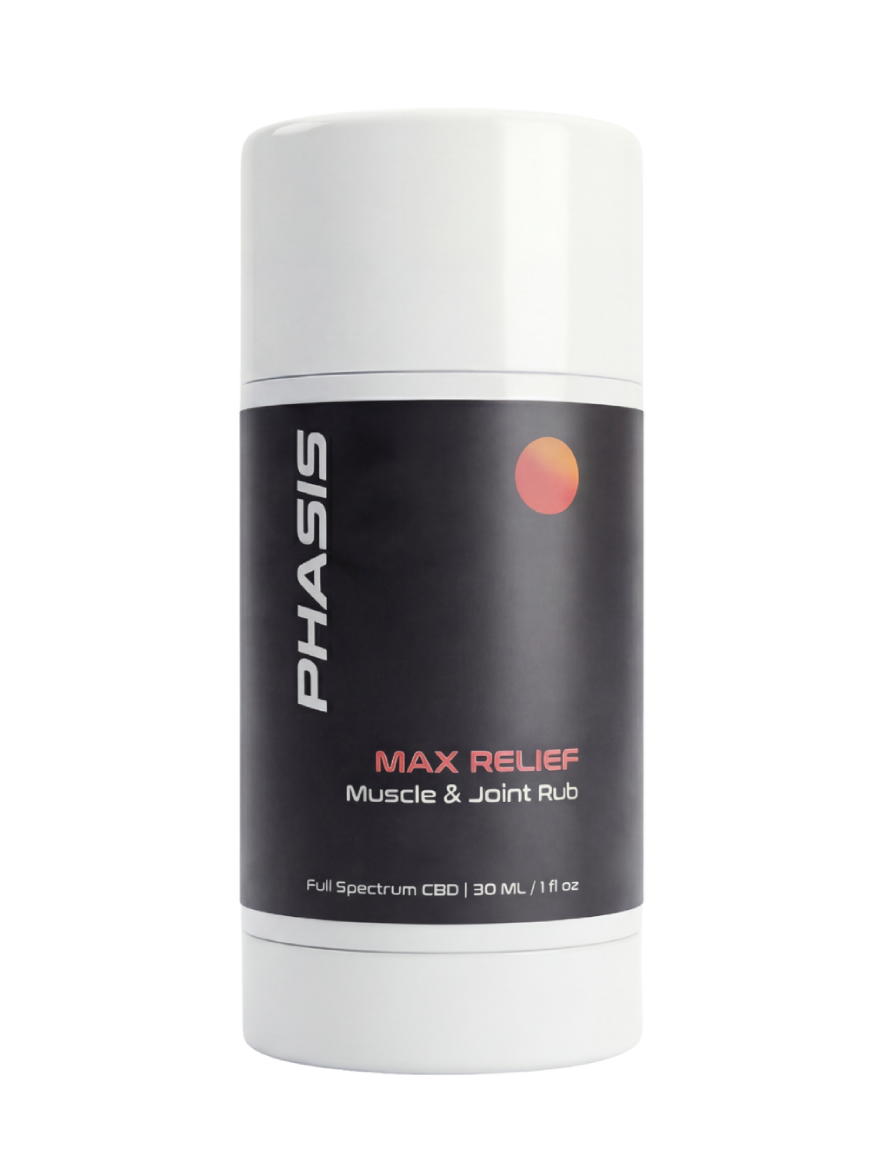 PHASIS Max Relief Balm in a 30ml container, showing the balm jar with a white lid and product label.