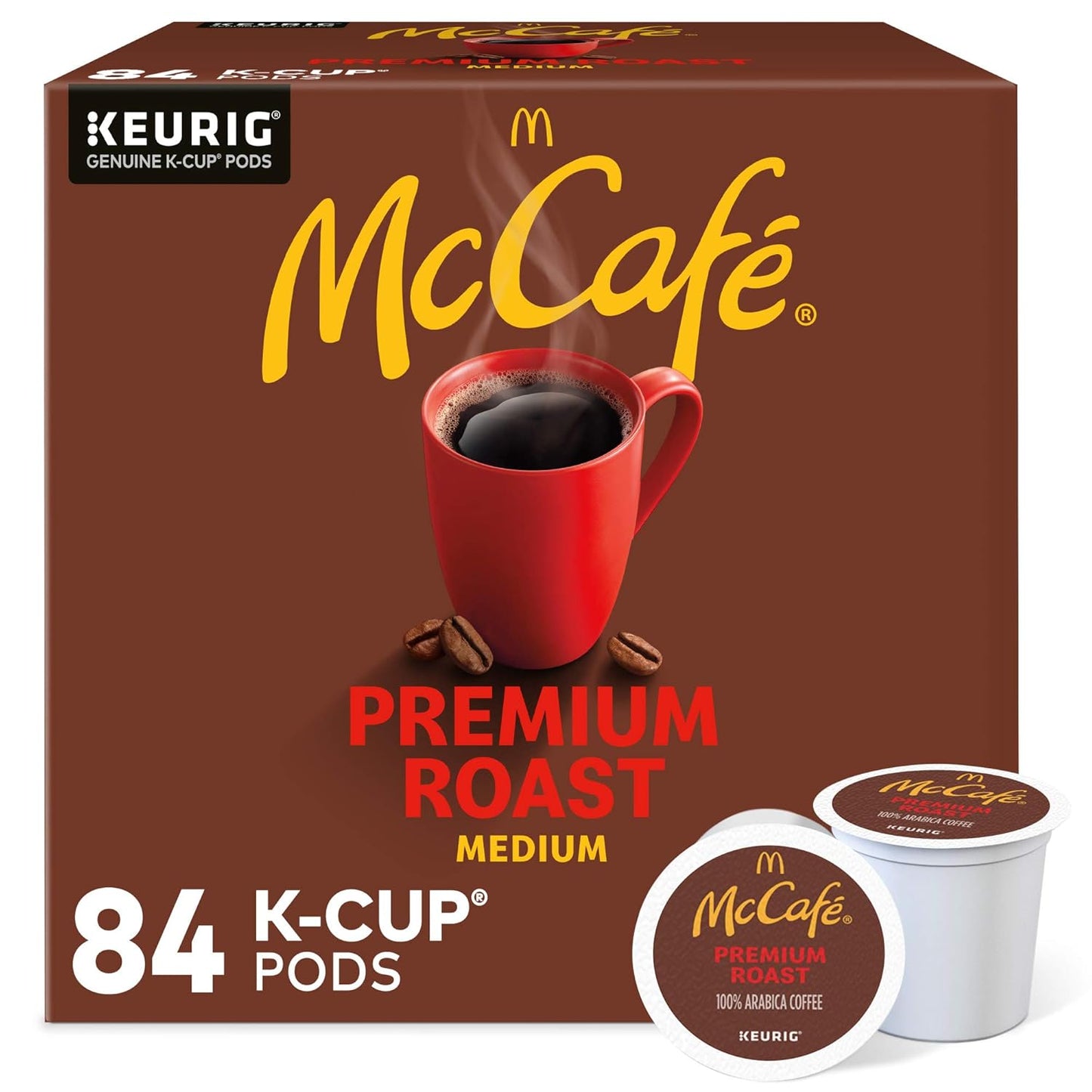 McCafe Premium Roast Coffee Keurig K-Cup pods, medium roast, 96-count pack with individual pods and packaging.