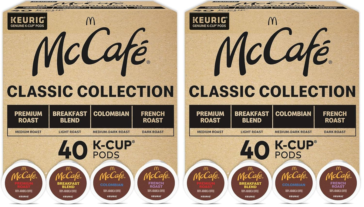 McCafe Classic Collection single-serve coffee K-Cup pods variety pack, 40-count, for Keurig brewers, featuring assorted coffee flavors