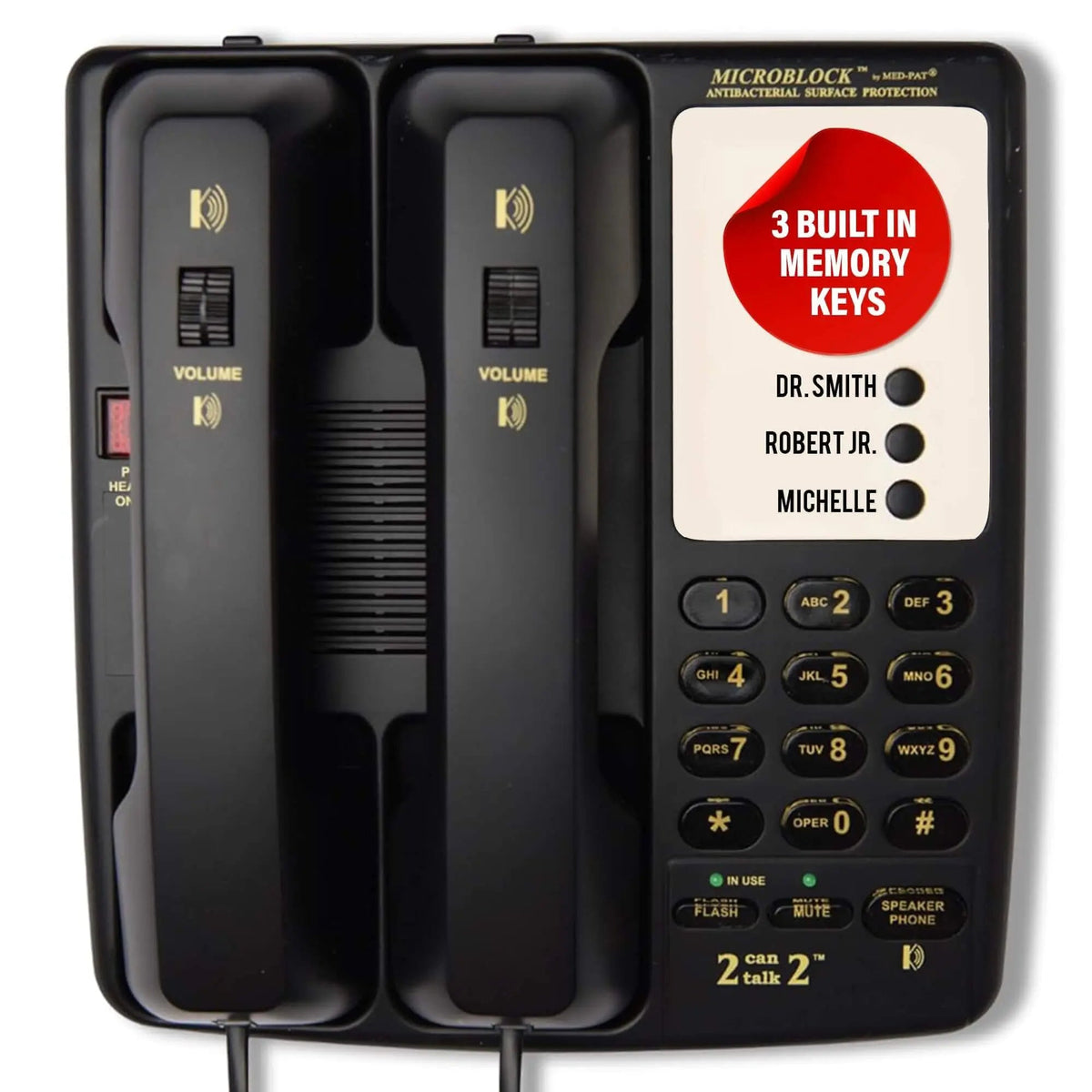 Med-Pat D2200 dual-handset landline phone with memory keys and enhanced volume, designed for office or home use.