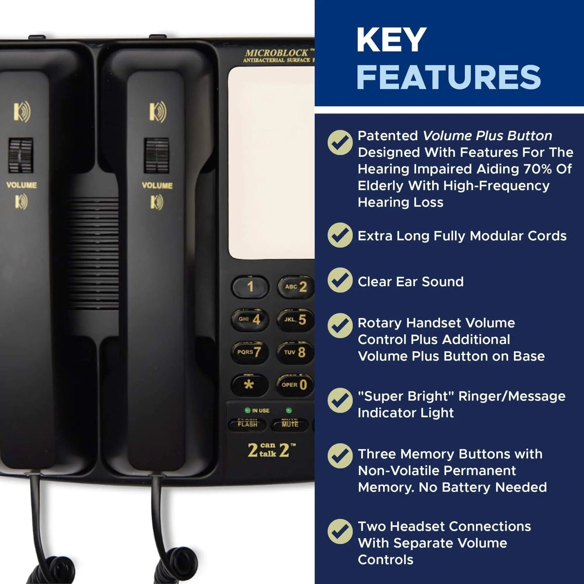 Med-Pat D2200 dual-handset landline telephone with memory keys and enhanced volume for clear home or office communication.