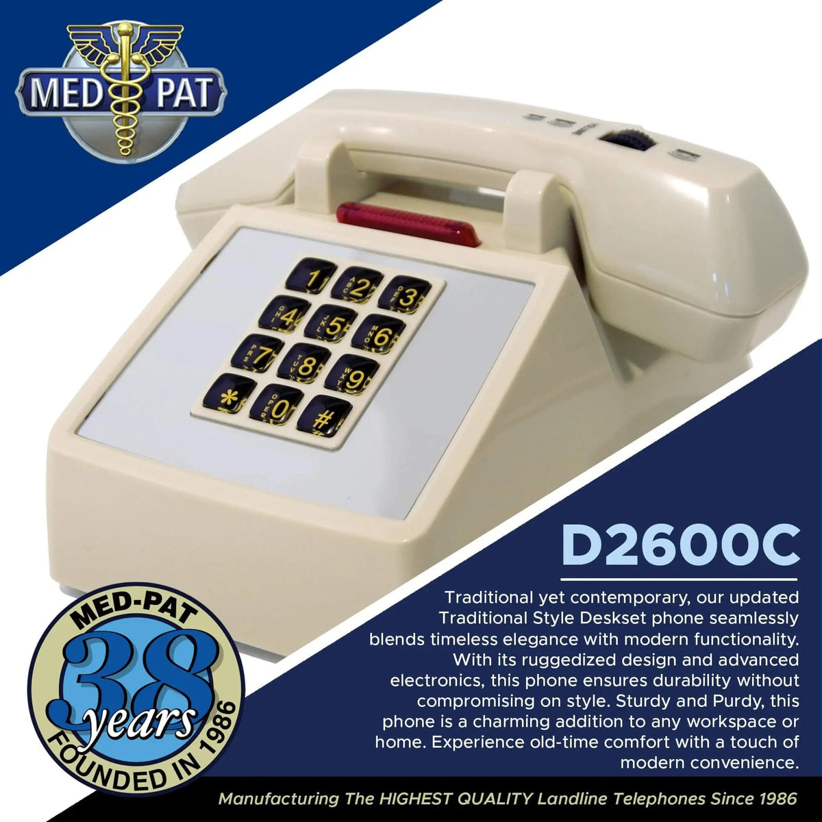 Med-Pat D2600C Retro Corded Desk Phone in beige with volume boost and hearing aid support, ideal for landline communication.
