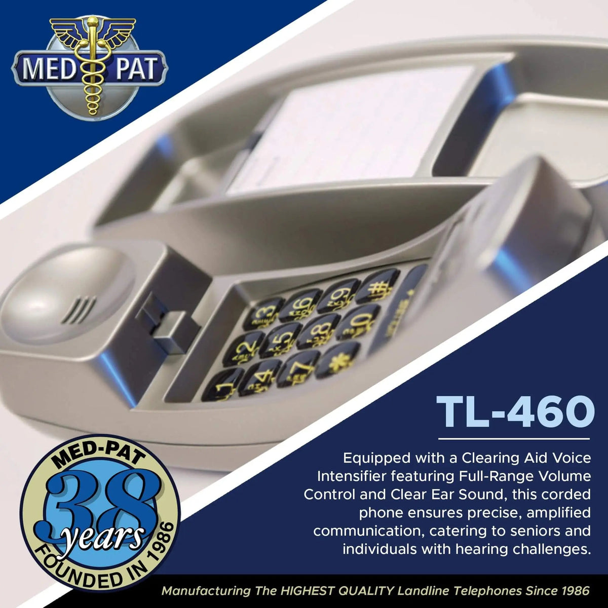 MedPat TL-460 Trimline landline phone with wall mount, volume boost, and lighted ring for seniors, shown on a desk.