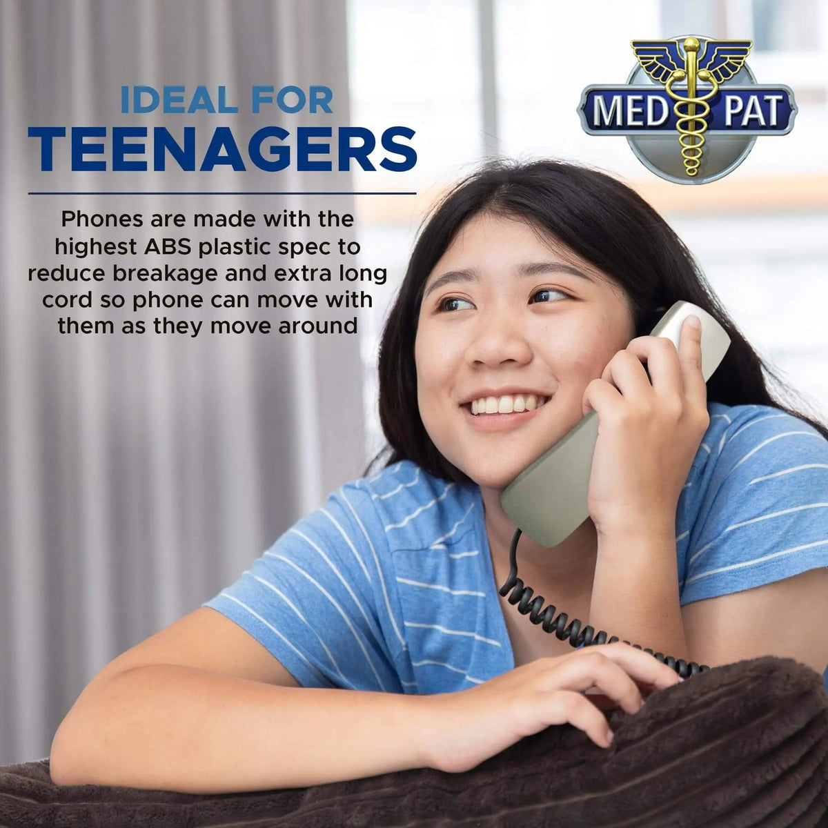 MedPat TL-460 Trimline Landline Phone with wall mount, volume boost, and lighted ring for seniors, featuring large buttons and clear display.