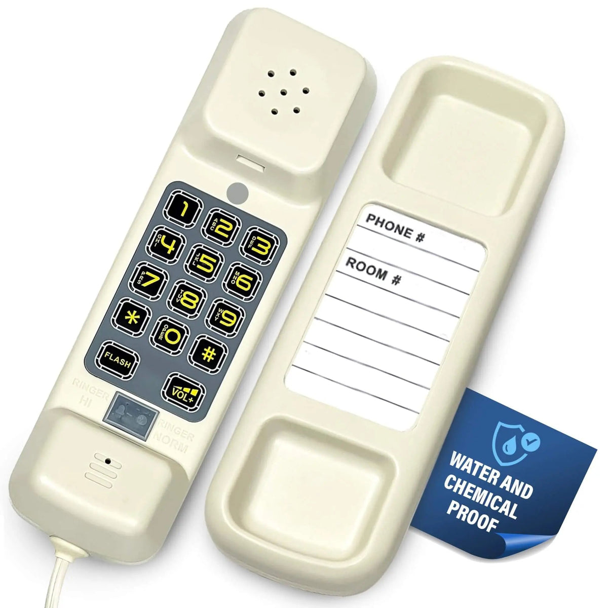 Black Med-Pat TL-WP waterproof landline phone with visual ring and volume control, ideal for bathrooms, kitchens, and outdoor use.